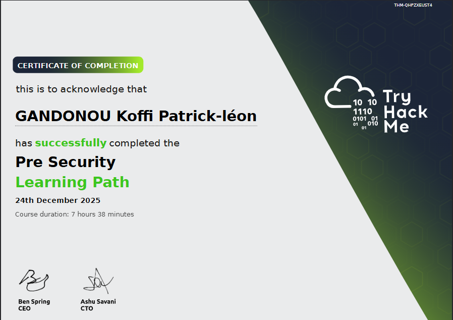 Certificat TryHackMe Pre Security Learning Path