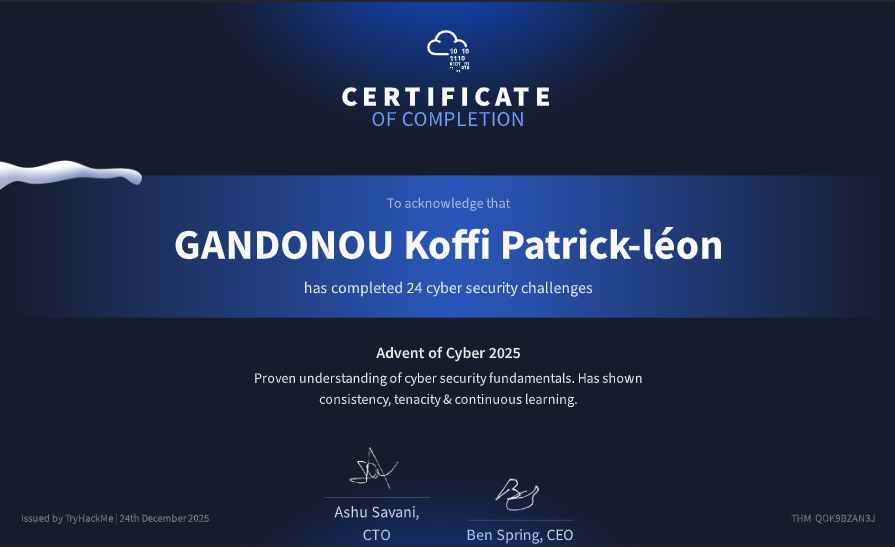 Certificat TryHackMe Advent of Cyber 2025